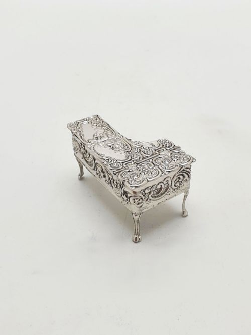 Vintage Sterling Silver Miniature Grand Piano Trinket Box with Cherub Relief - 1956