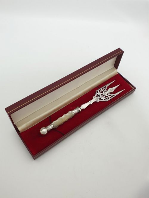 Antique Edwardian Sterling Silver Bread Fork with Mother-of-pearl Handle - 1902