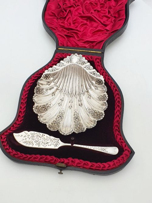 Stunning Antique Victorian Sterling Silver Shell Butter Dish and Spreader - 1894