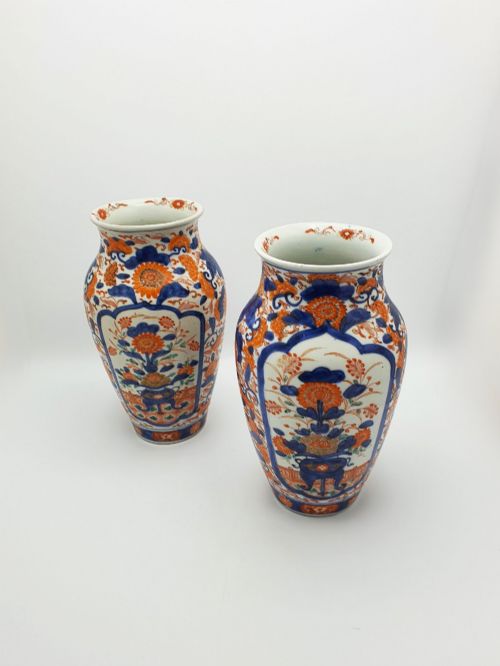 Pair of Antique Japanese Imari Porcelain Vases with Floral Panels – Circa 1900