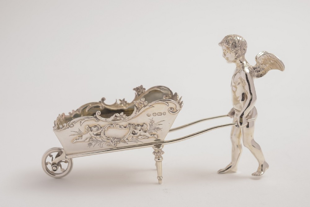 English Victorian Sterling Silver Cherub with Wheelbarrow