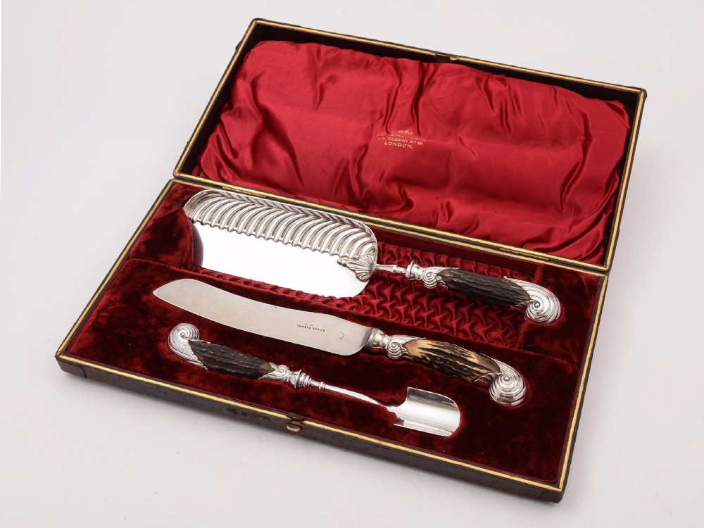 Cased Victorian Antler Handled Serving Set, Circa 1890
