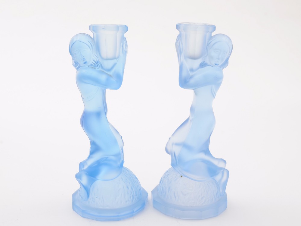 Pair of Art Deco Blue Glass Candlesticks, Circa 1930