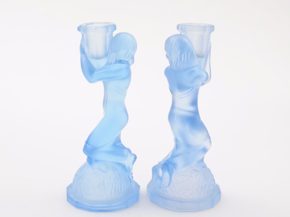 Pair of Art Deco Blue Glass Candlesticks, Circa 1930 View II