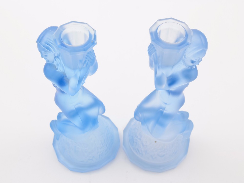 Pair of Art Deco Blue Glass Candlesticks, Circa 1930 View III