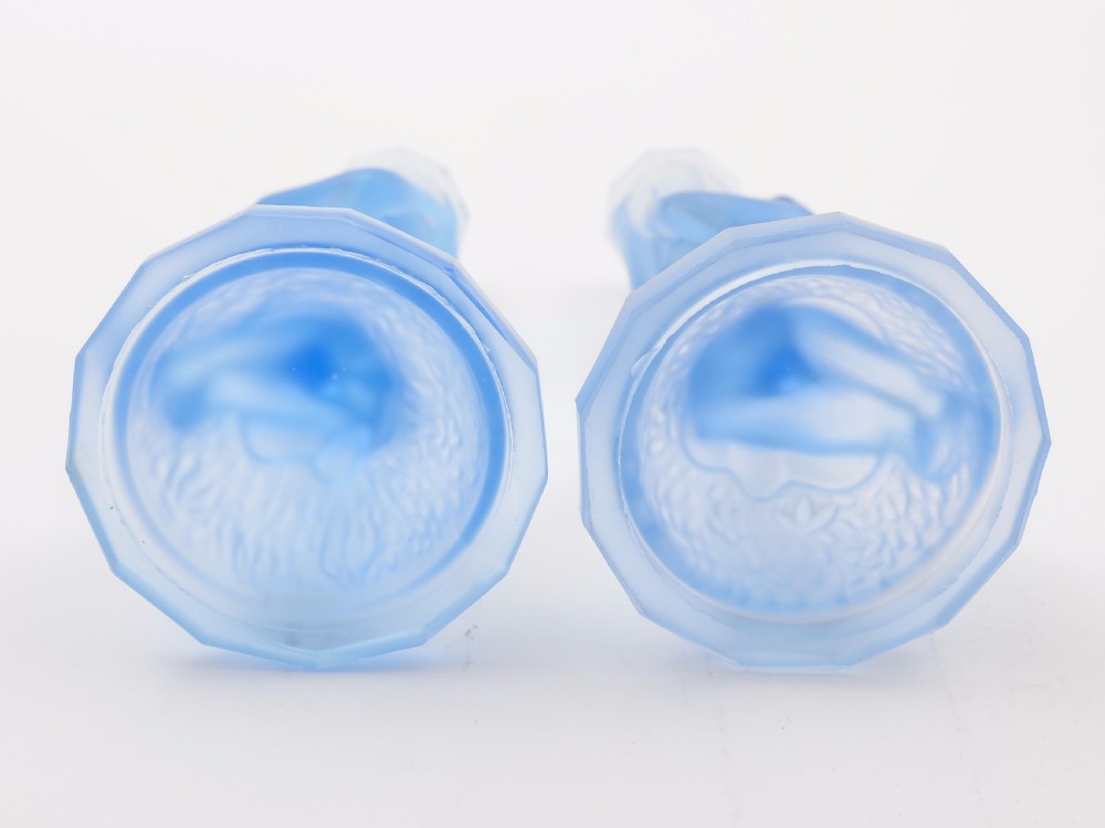 Pair of Art Deco Blue Glass Candlesticks, Circa 1930 View IV