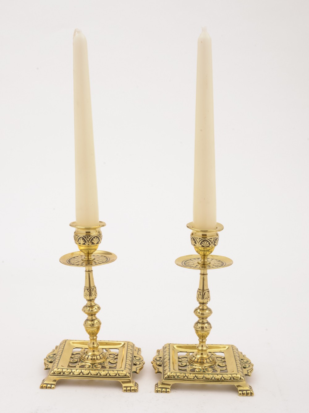 Pair of Victorian Brass Tray Based Candlesticks, Circa 1890 View II