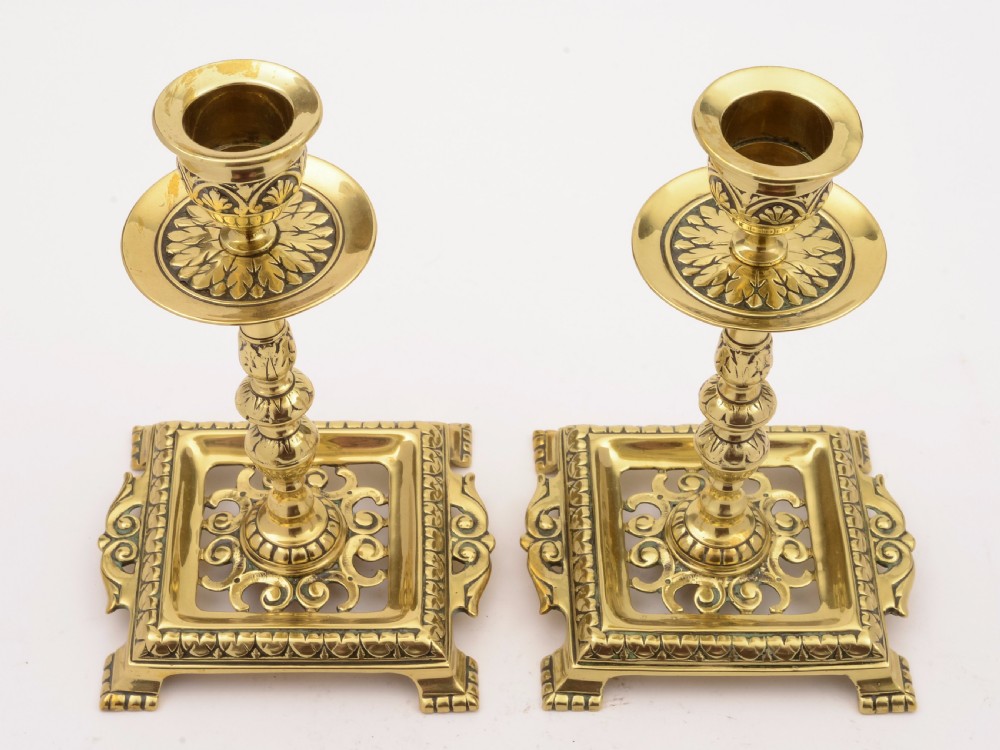 Pair of Victorian Brass Tray Based Candlesticks, Circa 1890 View III