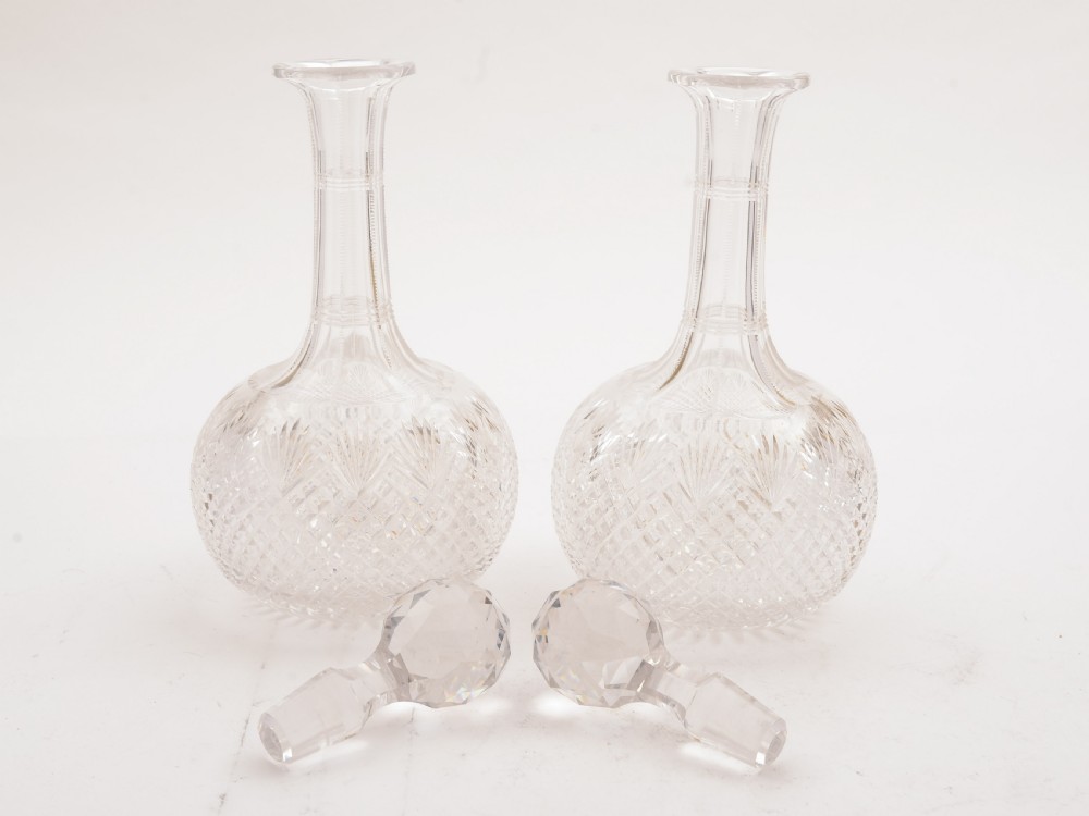 Pair of Cut Glass Decanters with Coasters, Circa 1890 View III