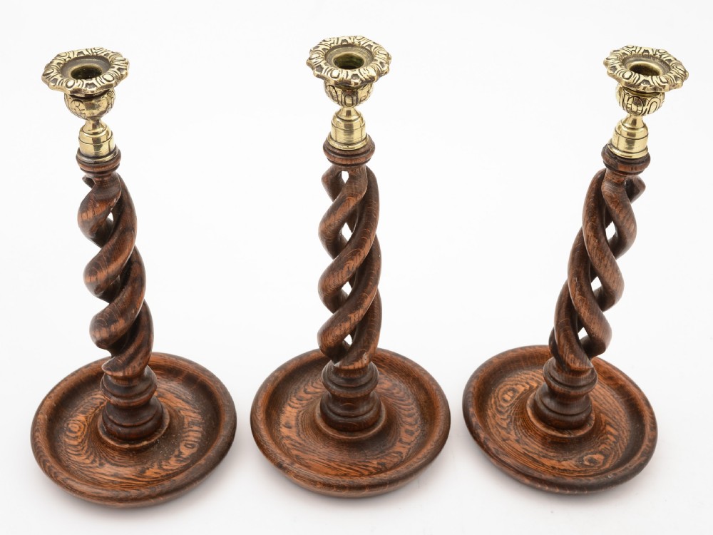 Trio of Oak Open Barley Twist Candlesticks, Circa 1920 View II