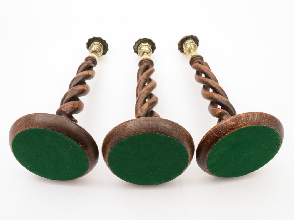 Trio of Oak Open Barley Twist Candlesticks, Circa 1920 View III