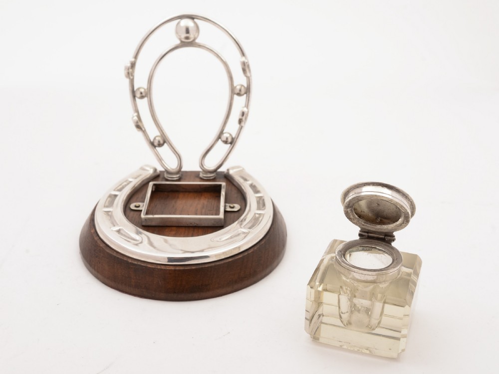 Oak and Silver Plated Horseshoe Ink Stand, Circa 1905 View II