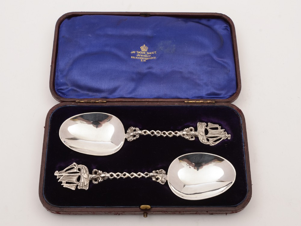 Cased Pair of Dutch Silver Serving Spoons, Circa 1900