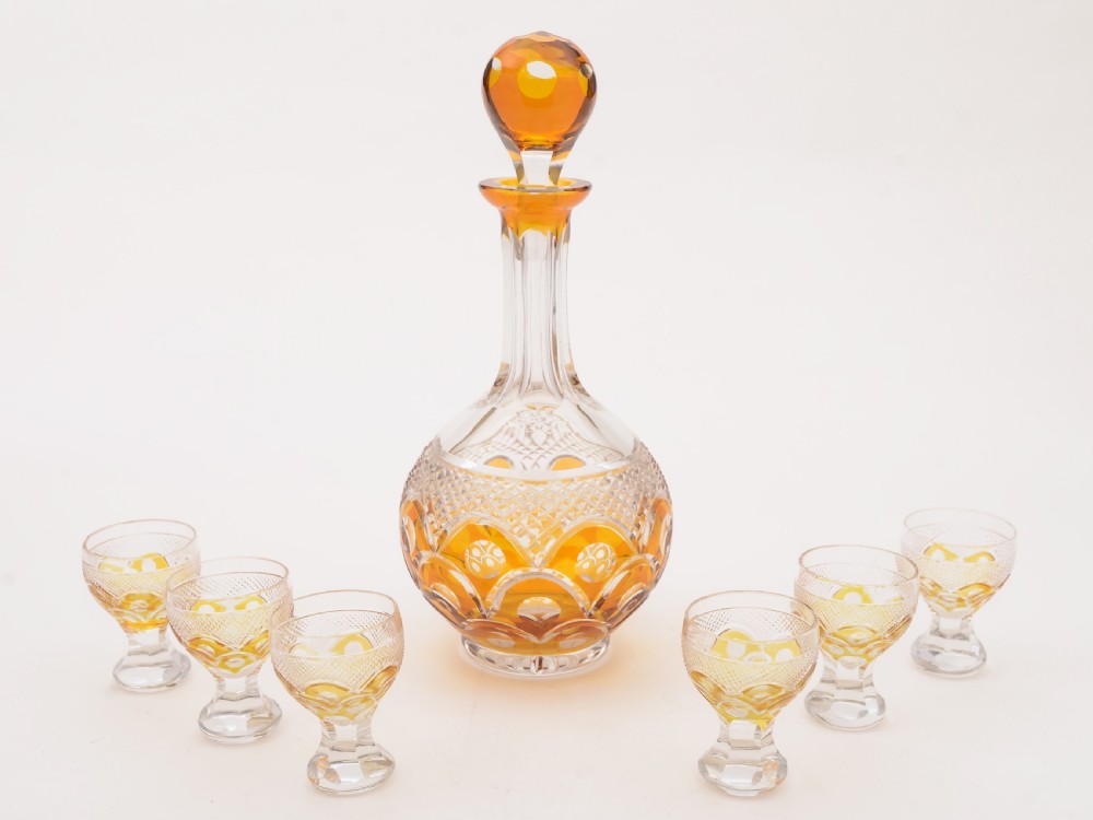 Edwardian Amber Overlay Decanter Set, Circa 1905