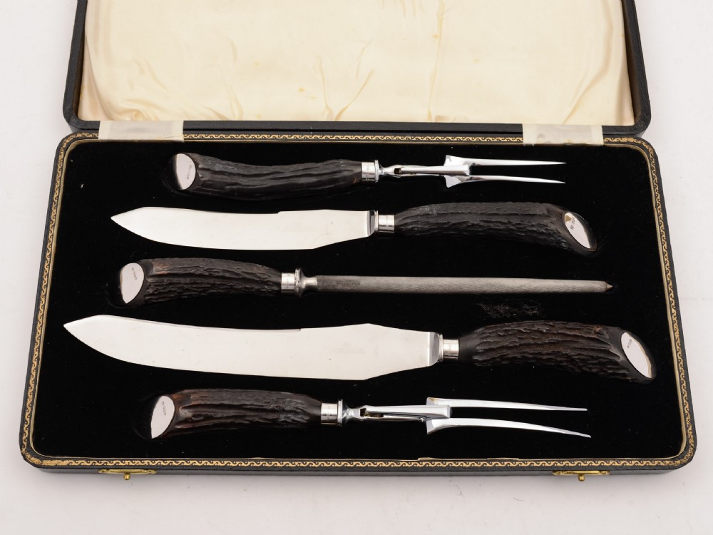 Art Deco Antler Handled Carving Set, Sheffield 1939