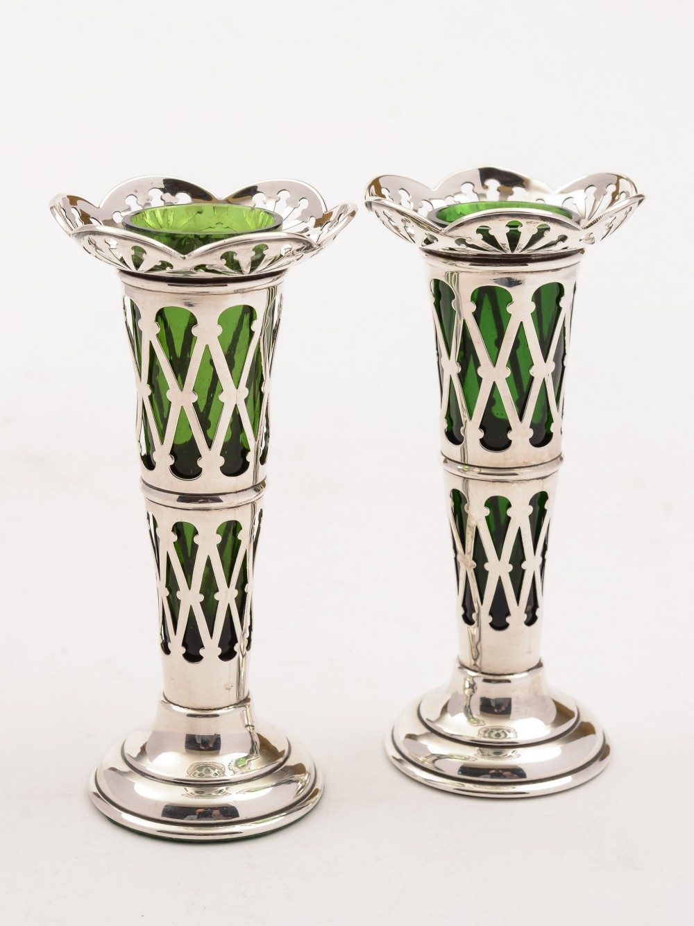 Pair of Silver and Green Glass Vases, Birmingham 1911
