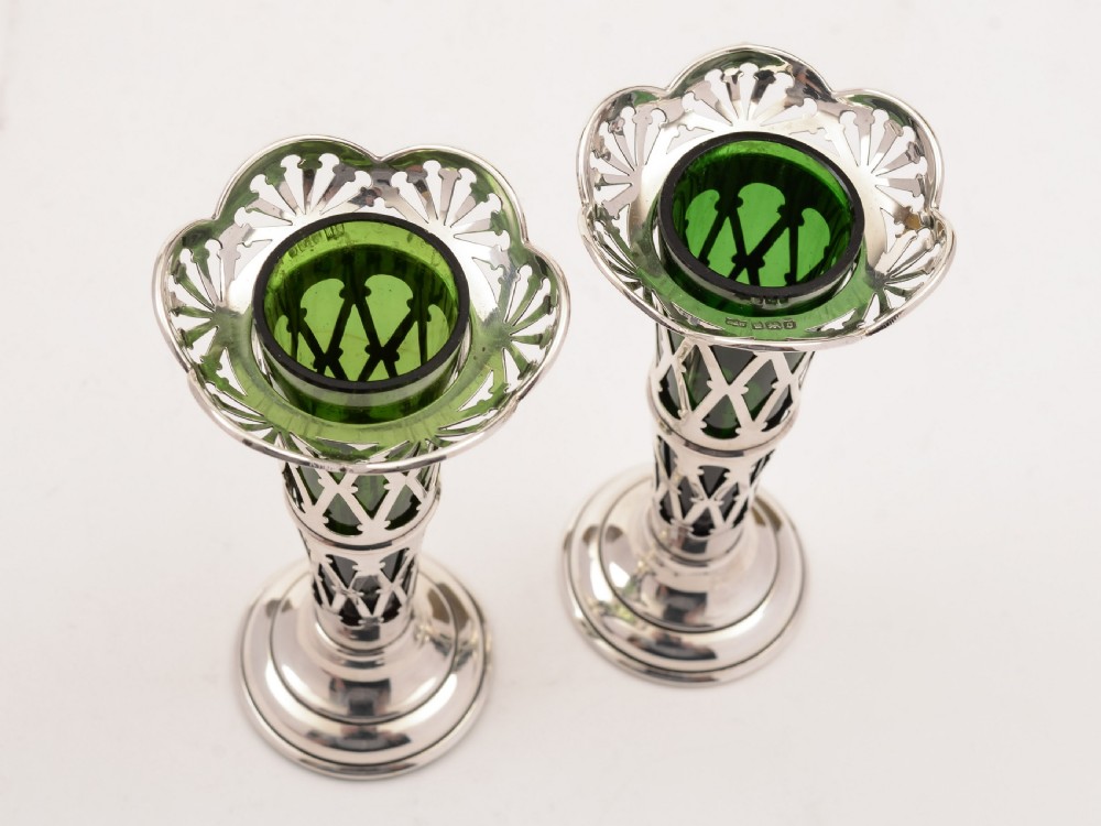 Pair of Silver and Green Glass Vases, Birmingham 1911 View II
