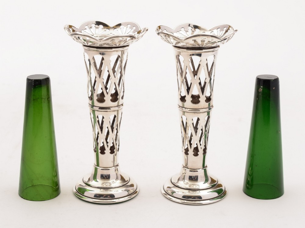 Pair of Silver and Green Glass Vases, Birmingham 1911 View III