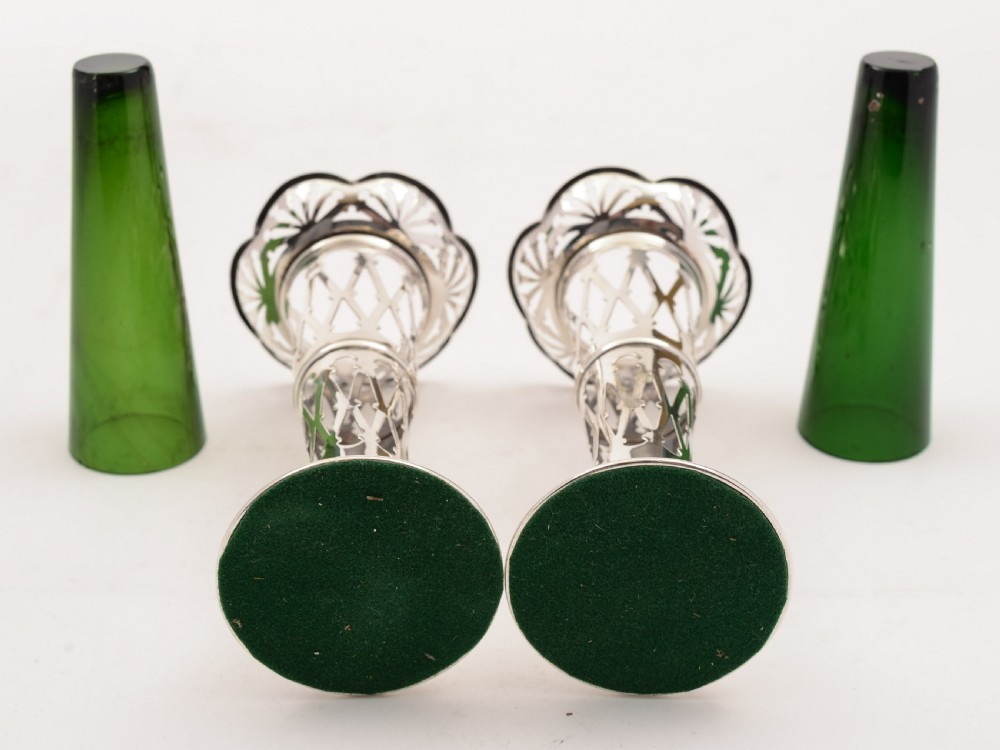 Pair of Silver and Green Glass Vases, Birmingham 1911 View IV