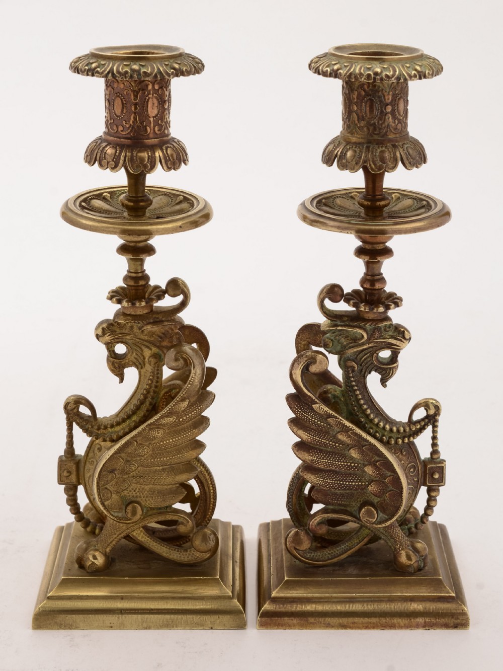 Pair of French Brass Griffin Candlesticks, Circa 1900