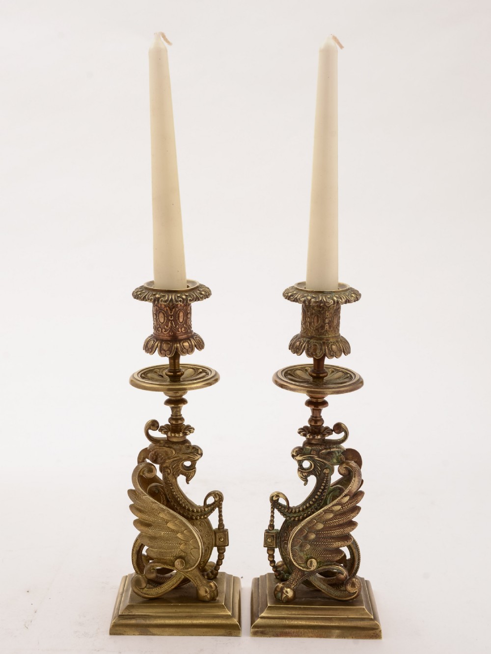 Pair of French Brass Griffin Candlesticks, Circa 1900 View II