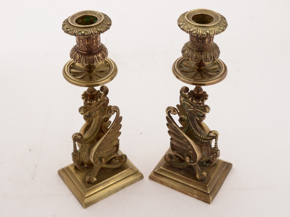 Pair of French Brass Griffin Candlesticks, Circa 1900 View III