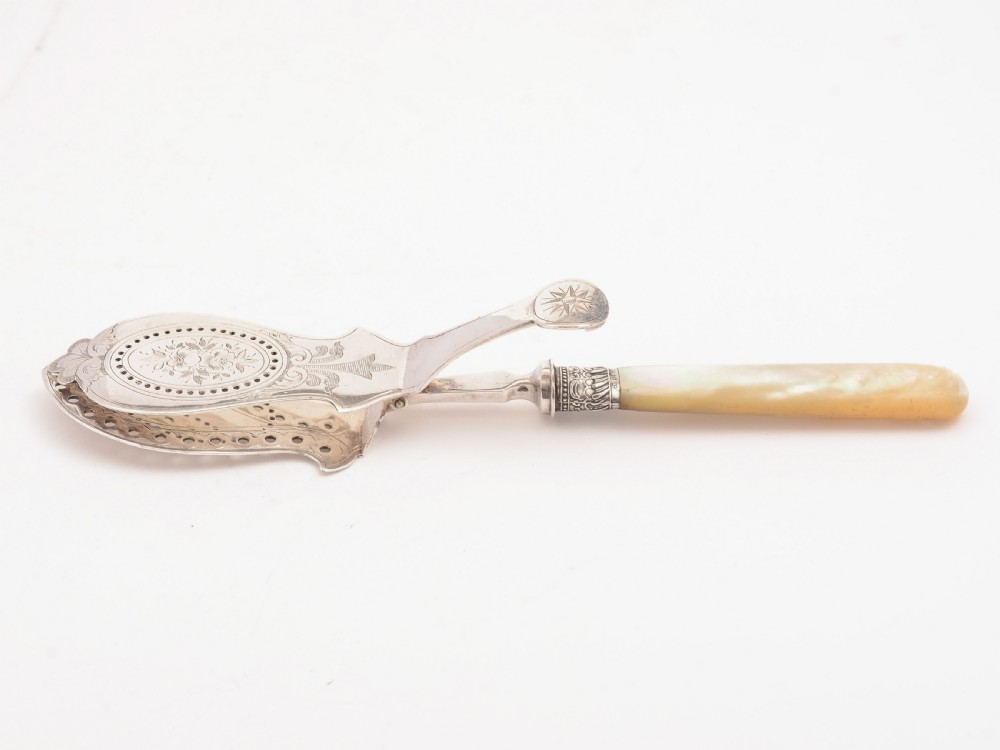 MOP and Silver Plated Serving Tongs, Circa 1890 View III