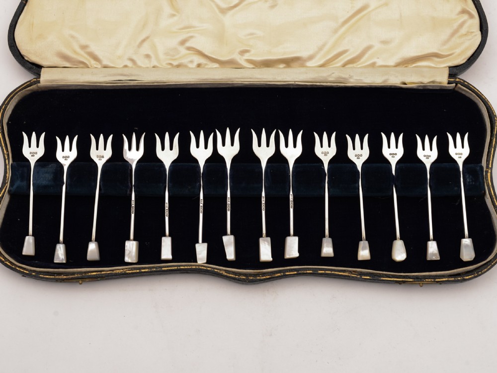 Cased Matched Set of 14 Silver Hors d'oeuvres Forks, Sheffield 