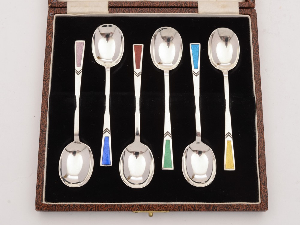 Beautiful Art Deco Silver and Enamel Spoons, Sheffield 1935