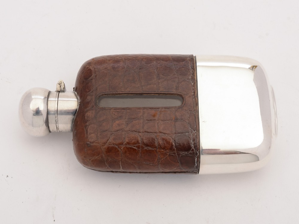 Edwardian Silver Plated and Crocodile Hip Flask, Circa 1905