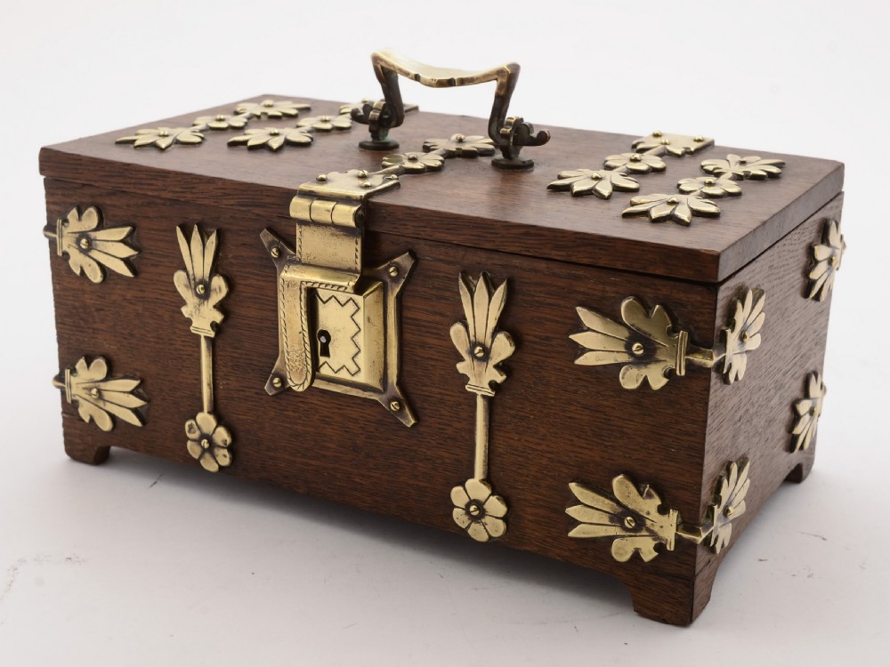 Stunning Victorian Oak and Brass Cigar Box, Circa 1890