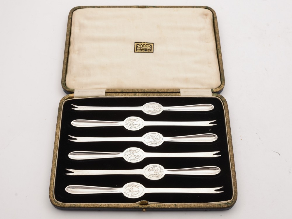 Lovely Cased Set of 6 Silver Plated Lobster Picks, Circa 1920