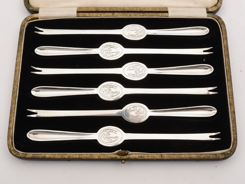 Lovely Cased Set of 6 Silver Plated Lobster Picks, Circa 1920 View II