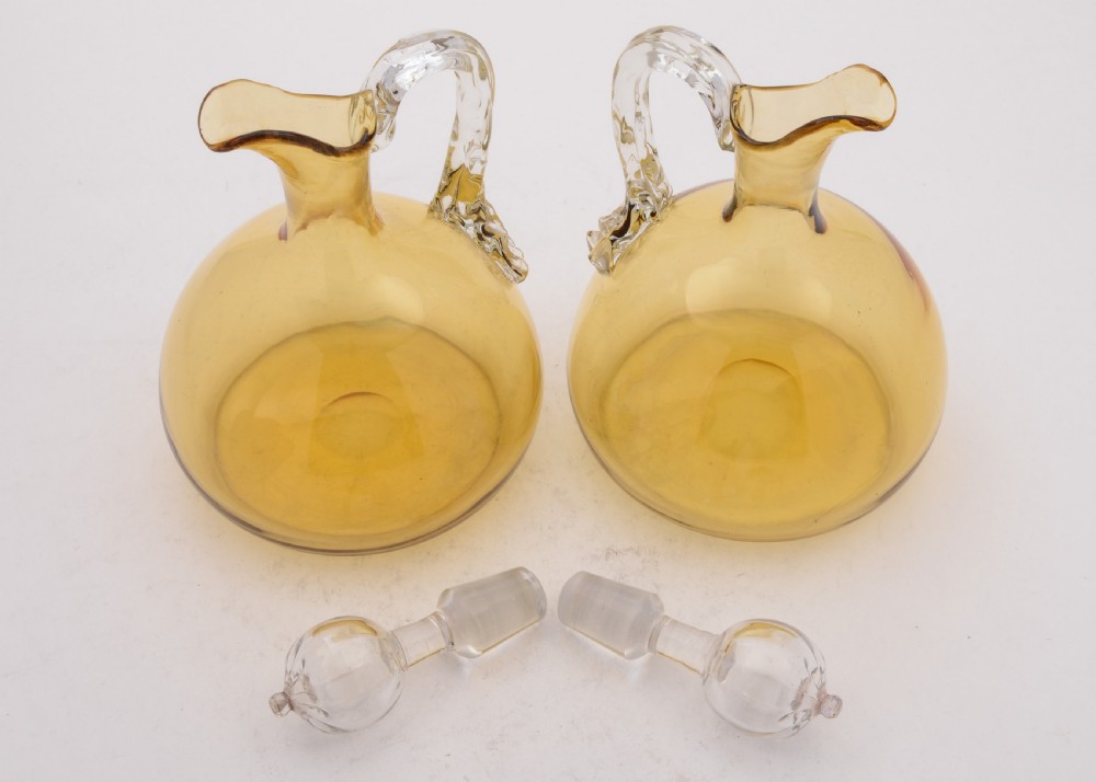 Lovely Pair of Victorian Amber Glass Decanters, Circa 1890 View II