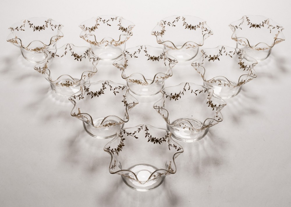 Gorgeous Set of 10 French Gilded Glass Bowls, Circa 1900