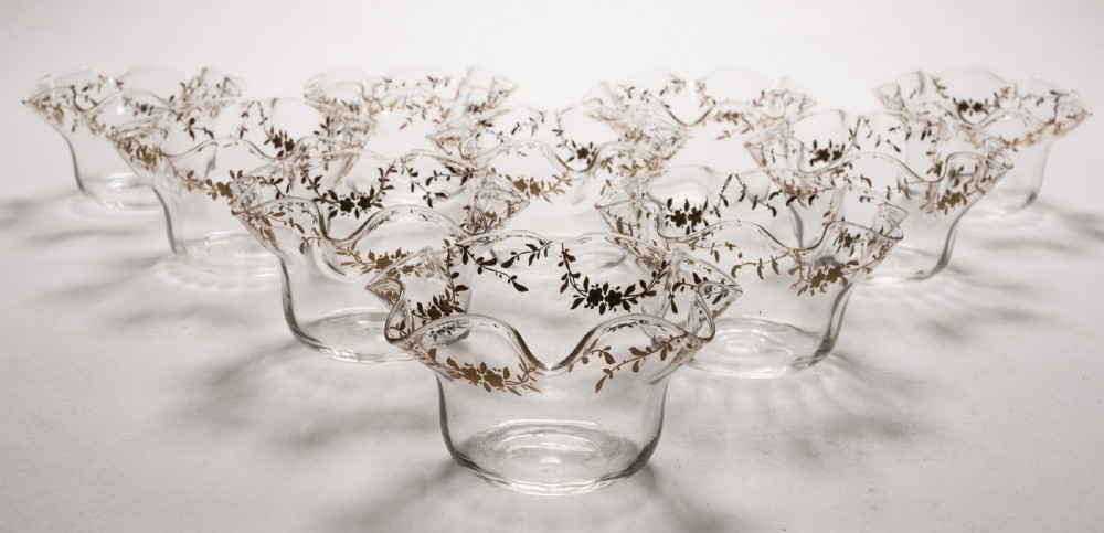 Gorgeous Set of 10 French Gilded Glass Bowls, Circa 1900 View II