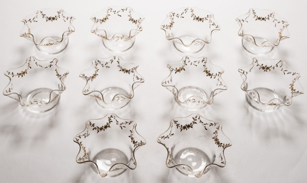 Gorgeous Set of 10 French Gilded Glass Bowls, Circa 1900 View III