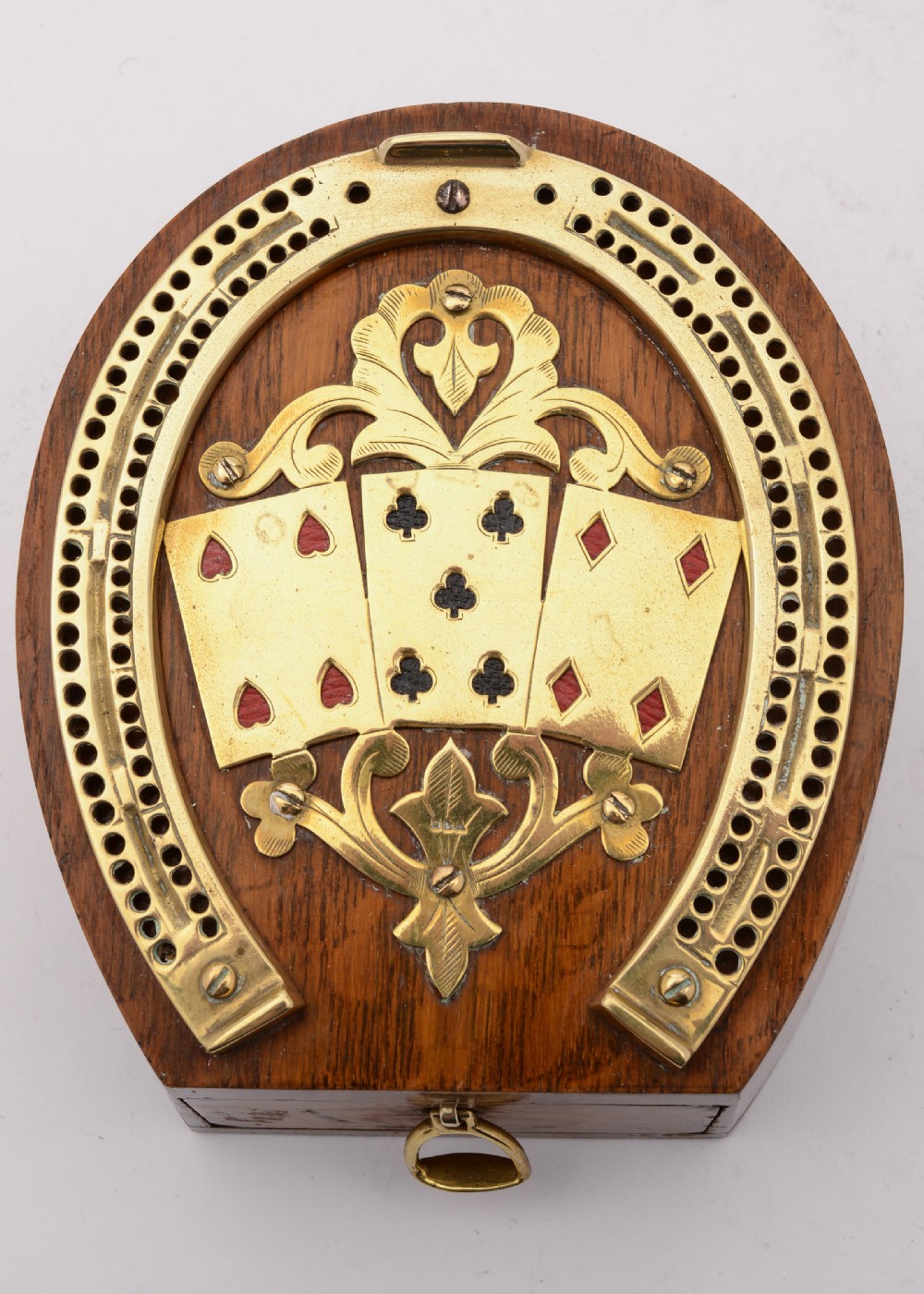 Nice Victorian Oak and Brass Cribbage Board, Circa 1890