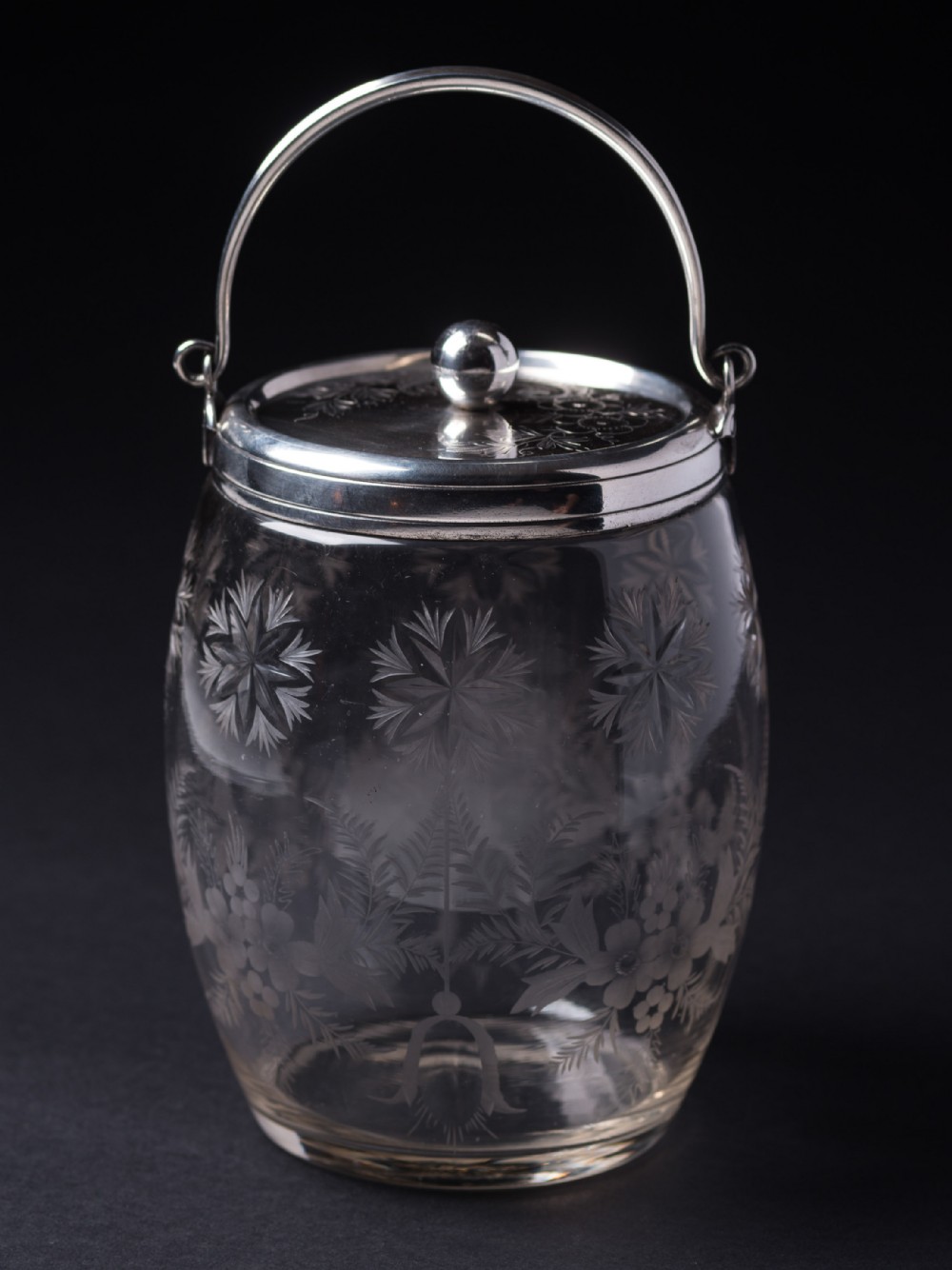 Lovely Victorian Etched Glass Biscuit Barrel, Circa 1890