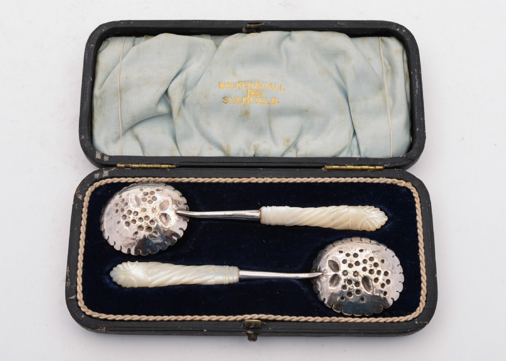 Wonderful Pair of Silver Plated and Mother of Pearl Jam Spoons, Circa 1900 View III