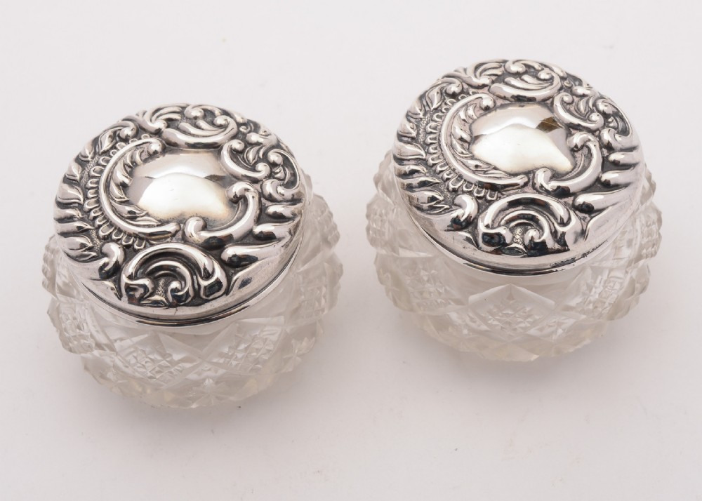 Lovely Pair of Edwardian Silver Topped Jars, Birmingham 1902