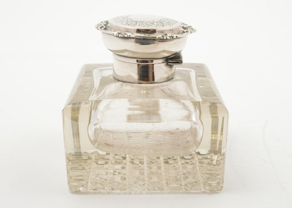 Good Large Edwardian Silver Topped  Ink Pot - Birmingham 1905 View II