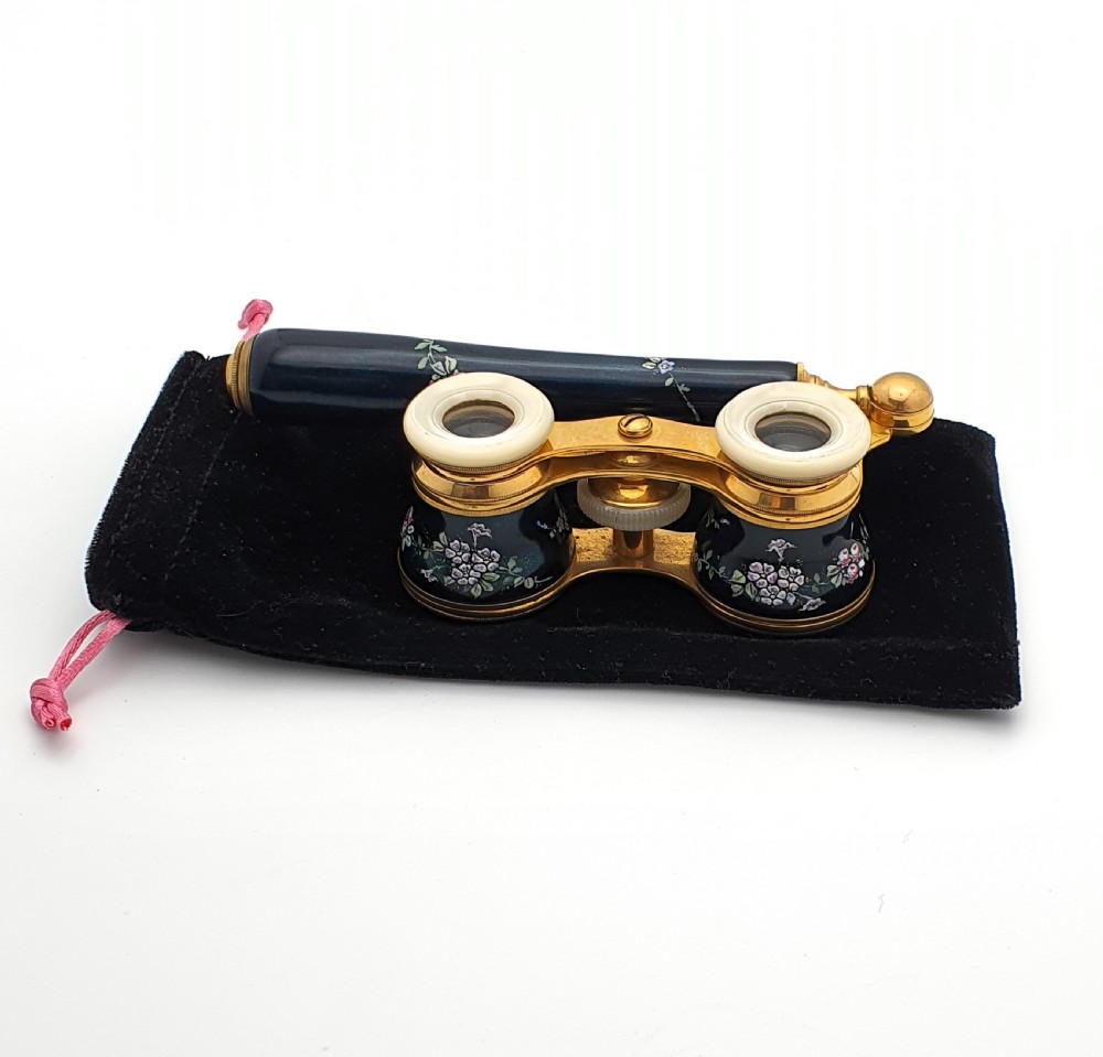 Edwardian opera glasses featuring black enamelled barrels with hand-painted floral patterns, mother of pearl eyepieces, lacquered brass fittings, and an extendable side handle. View XIII