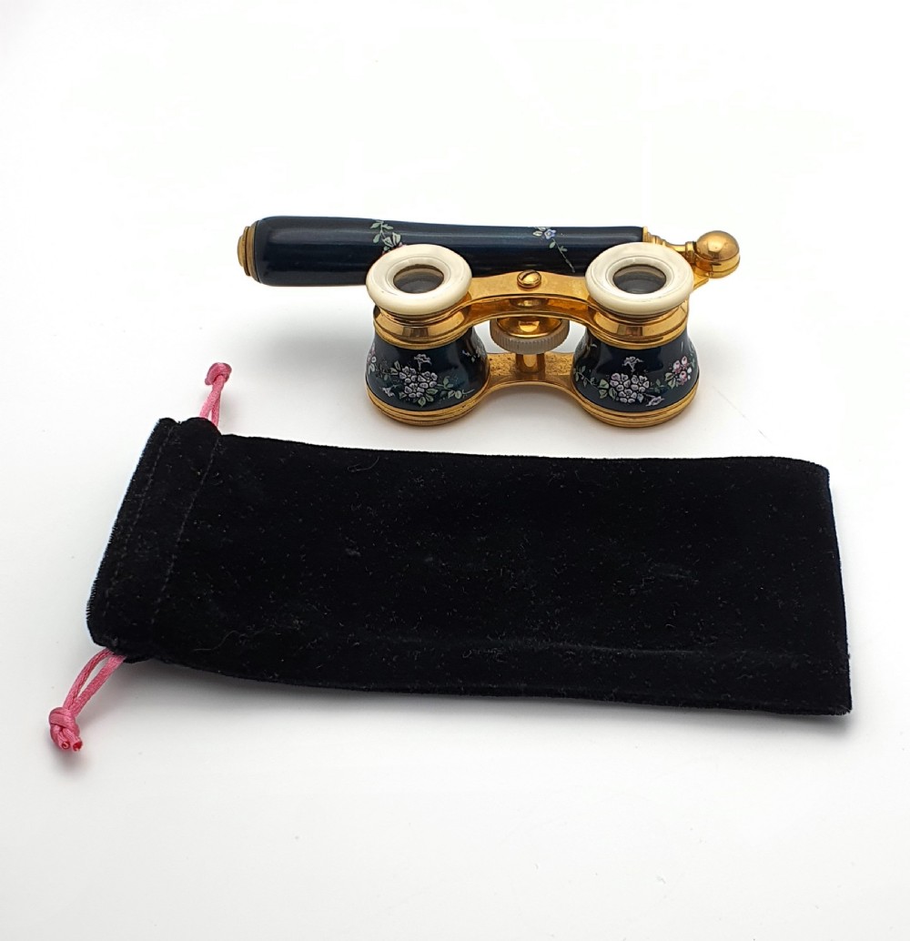 Edwardian opera glasses featuring black enamelled barrels with hand-painted floral patterns, mother of pearl eyepieces, lacquered brass fittings, and an extendable side handle. View XIV