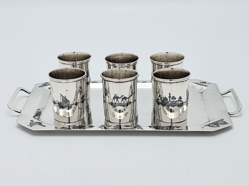Fabulous Middle Eastern Silver set of cups on tray – circa 1920 View II