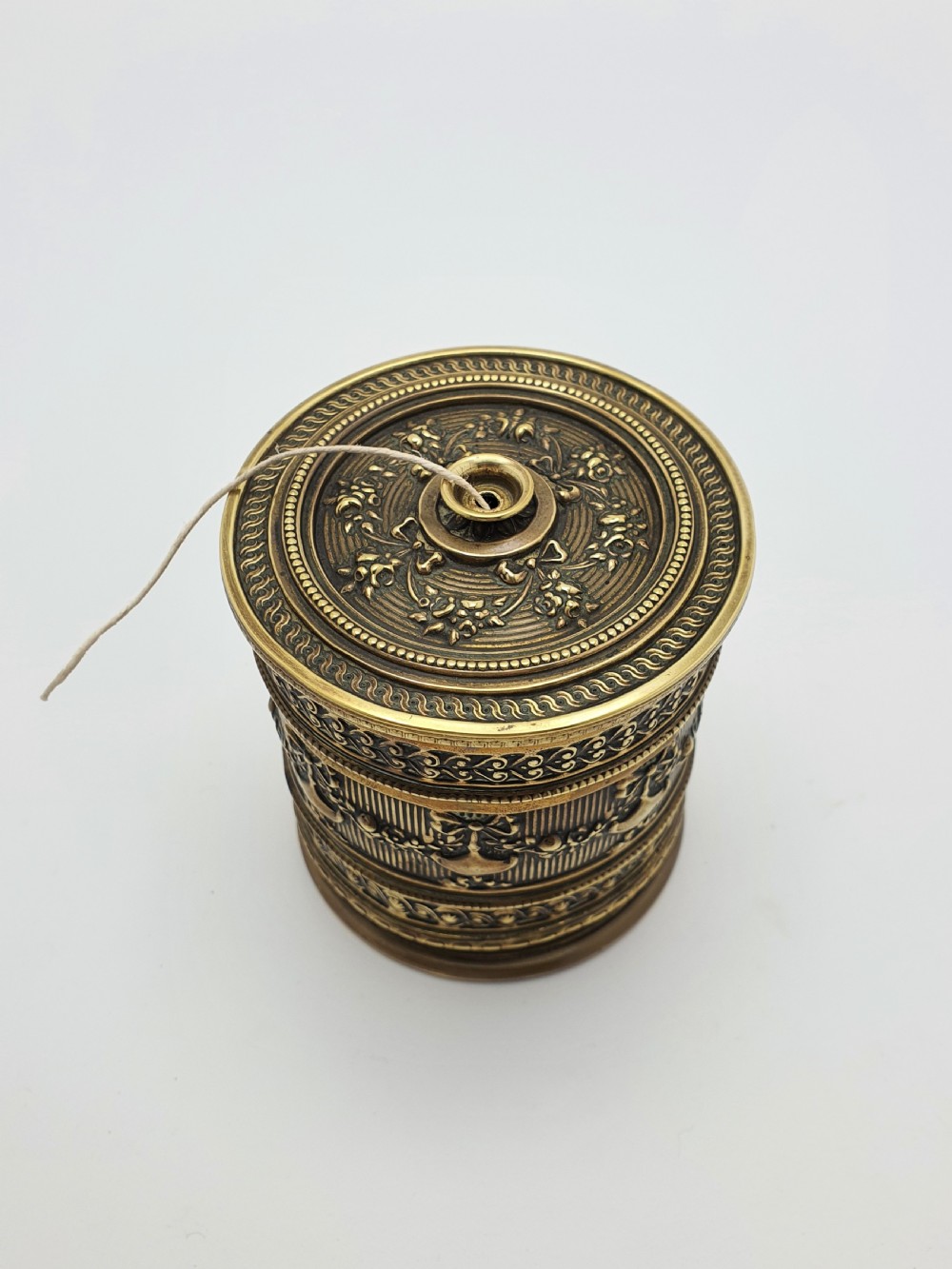 Good Victorian Embossed Brass String Box – circa 1880 View II