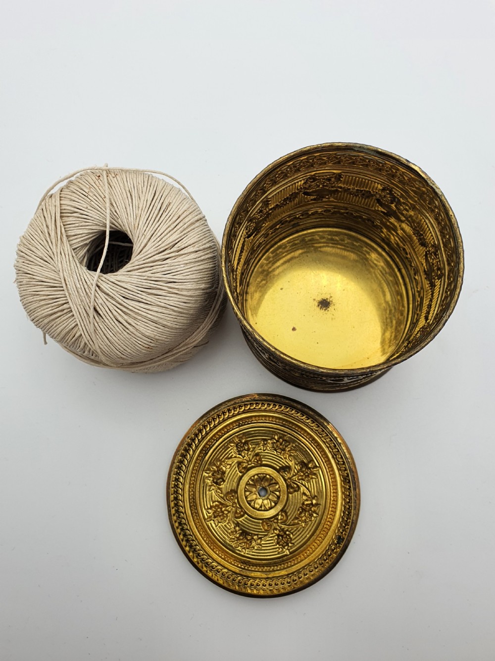 Good Victorian Embossed Brass String Box – circa 1880 View IV