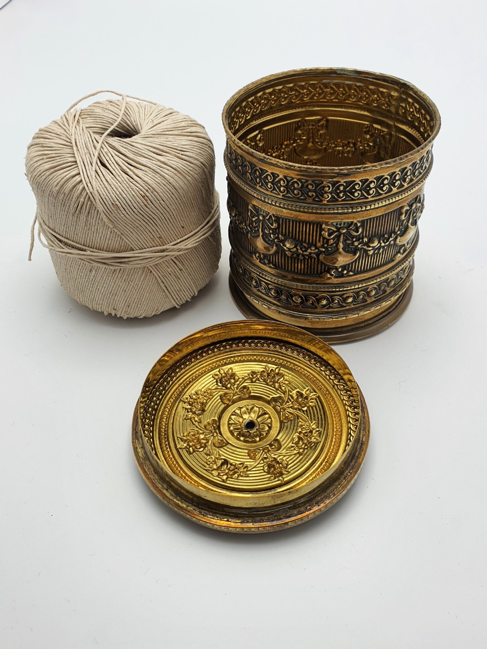 Good Victorian Embossed Brass String Box – circa 1880 View V