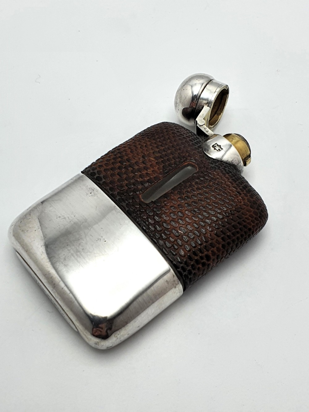 Handsome English Antique Silver Plate and Leather Hip Flask - circa 1920 View II