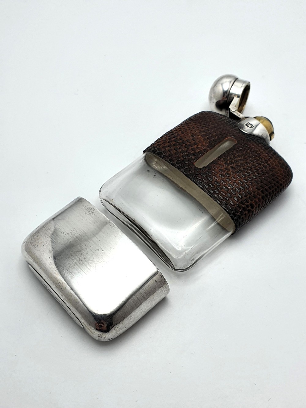 Handsome English Antique Silver Plate and Leather Hip Flask - circa 1920 View III